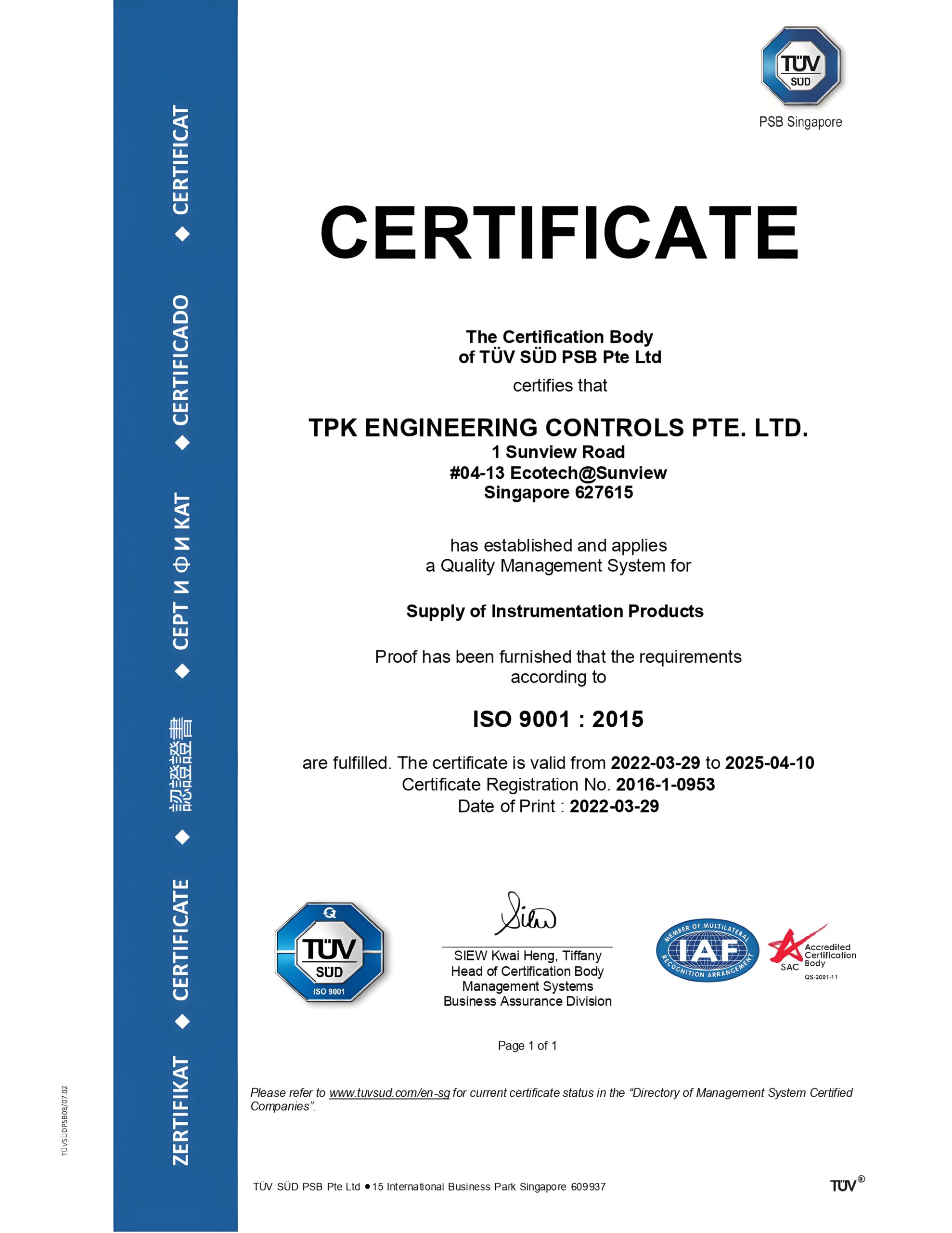 Certifications TPK Engineering Controls Pte Ltd